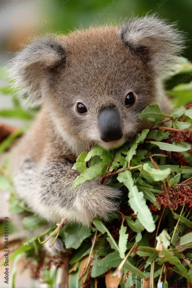 Fototapeta premium Adorable Koala Nestled in Eucalyptus - International Wild Koala Day