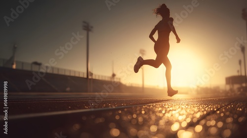 Silhouette of a woman running on a track during sunset with bright sunlight in the background
