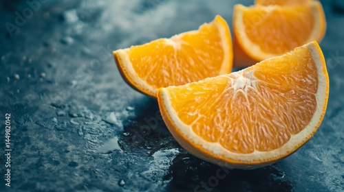 Sliced oranges on blue stone surface