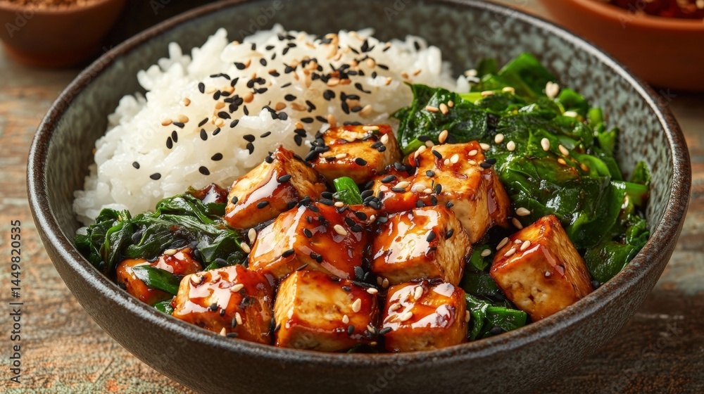 Delicious tofu stir-fry with rice kitchen food home top-down view Delicious tofu stir-fry with rice kitchen food home top-down view