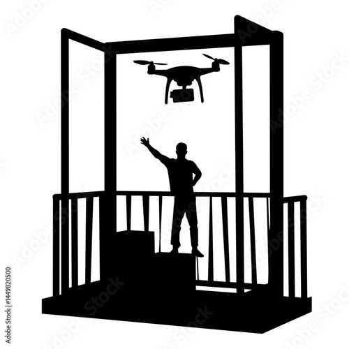 Drone delivery silhouette at balcony, modern urban lifestyle