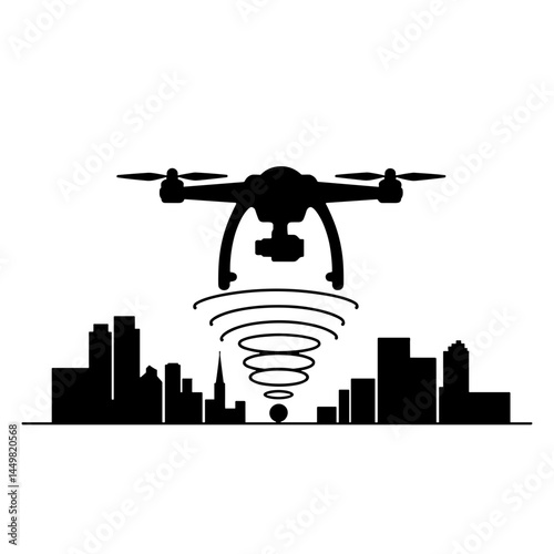 Drone navigating urban skyline with smart reroute, futuristic concept