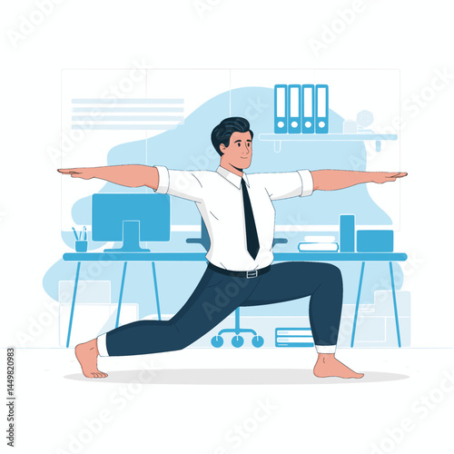 Businessman doing yoga in the office background illustration design