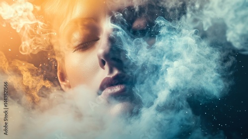 Dreamy woman surrounded by smoke in soft light