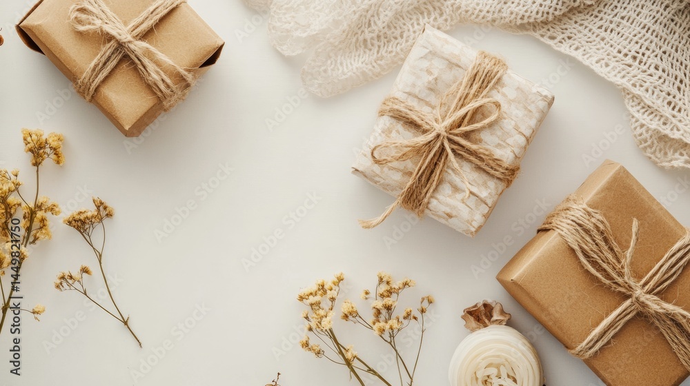Eco-friendly gift wrapping with kraft paper and flowers