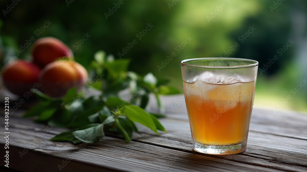 Refreshing Peach Iced Tea on Rustic Wooden Table Refreshing Peach Iced Tea on Rustic Wooden Table
