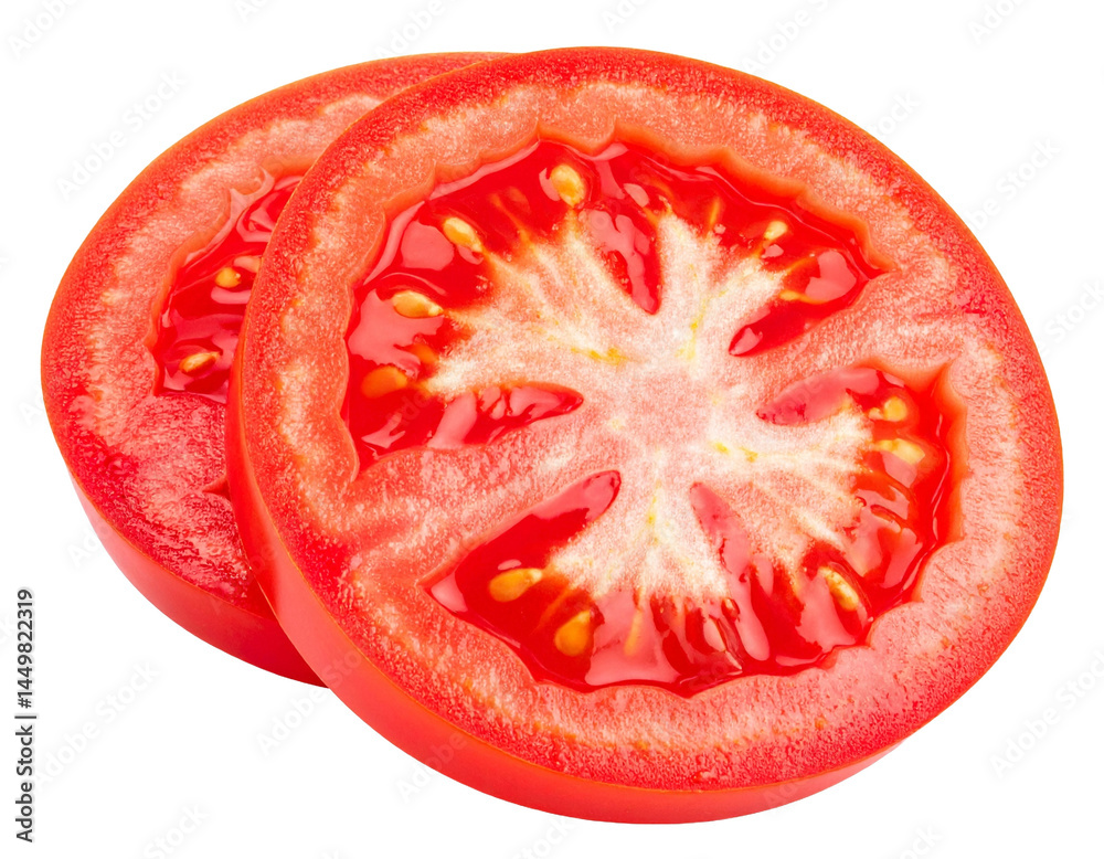 Isolated Tomato Slices with Juicy Texture on Transparent Background Isolated Tomato Slices with Juicy Texture on Transparent Background