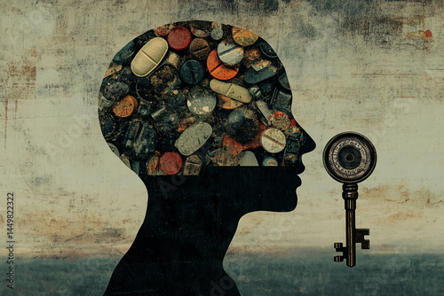 Silhouette of head filled with pills, antique key nearby, textured background.  Represents mental health, addiction, or the search for solutions photo