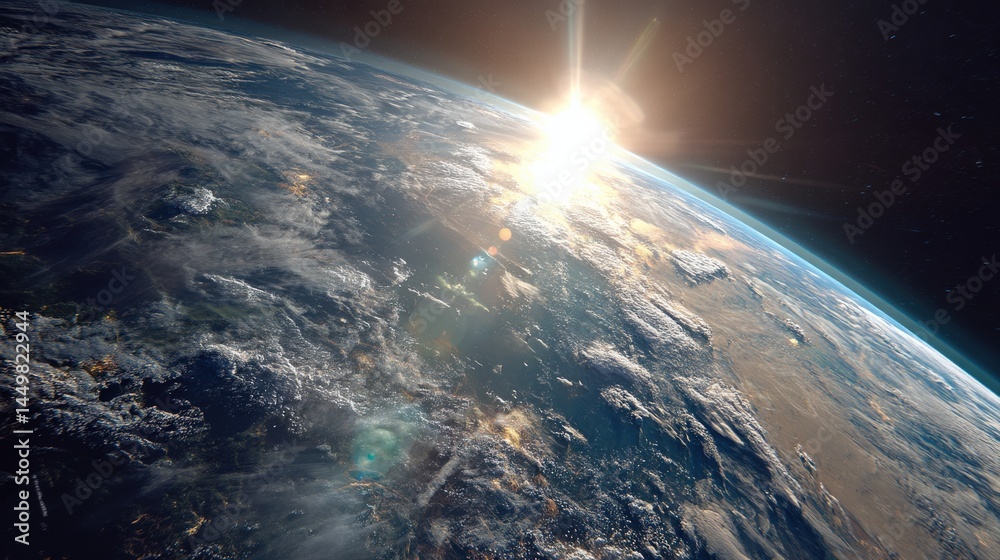 A breathtaking view of Earth from space, showcasing the planet's vibrant colors and intricate cloud formations as the sun rises on the horizon. A breathtaking view of Earth from space, showcasing the planet's vibrant colors and intricate cloud formations as the sun rises on the horizon.