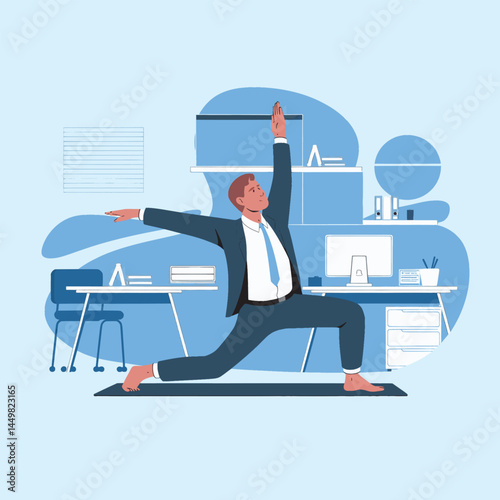 Businessman doing yoga in the office design illustration flat