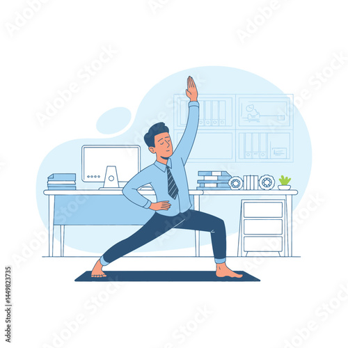 Businessman doing yoga in the office flat design illustration with blue white colour