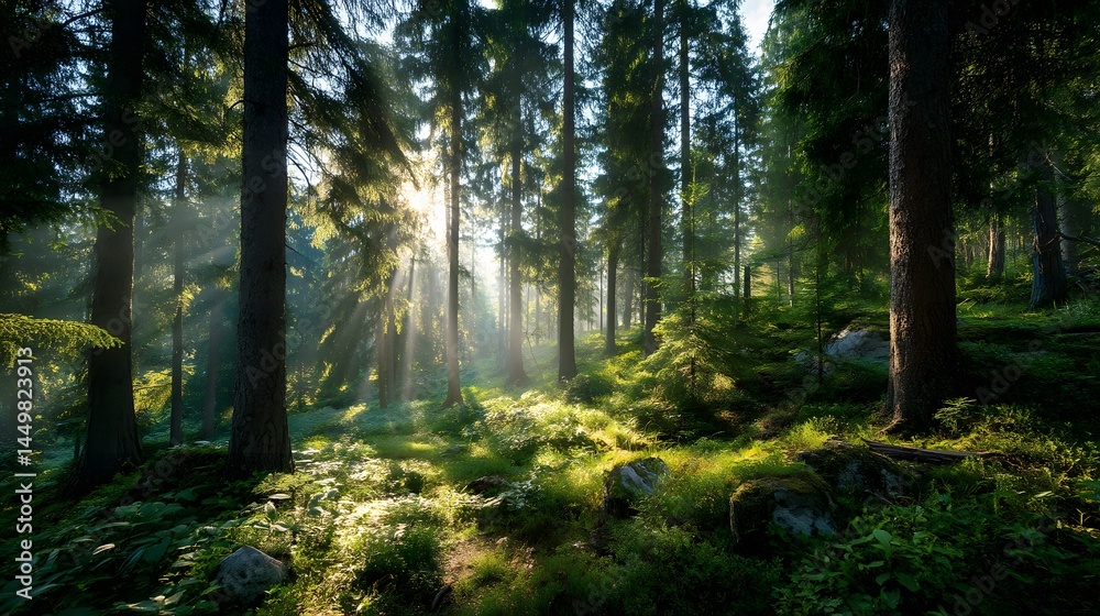 Obraz premium Sunlight streams through tall trees in a dense forest illuminating the lush green undergrowth below