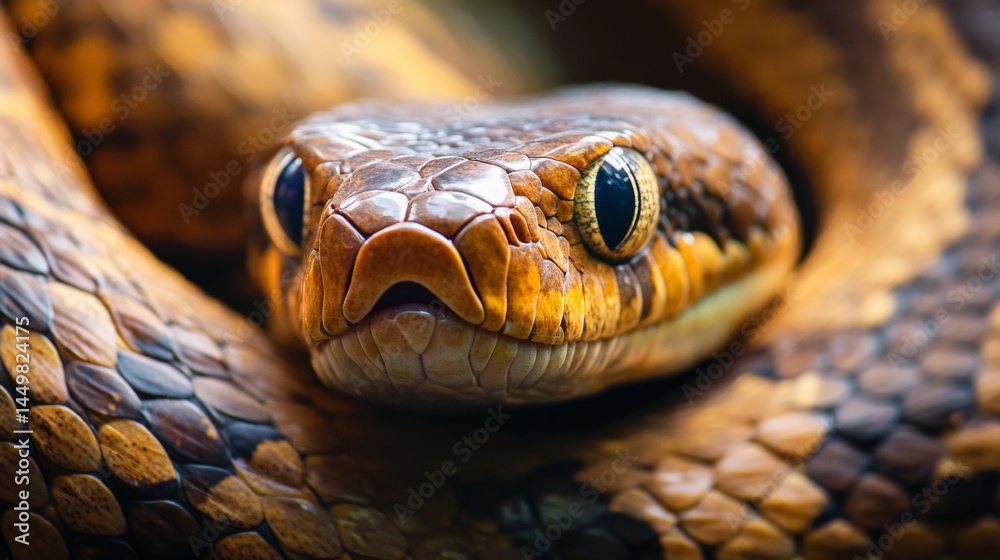 Obraz premium Close-up of snake coiled with intense gaze
