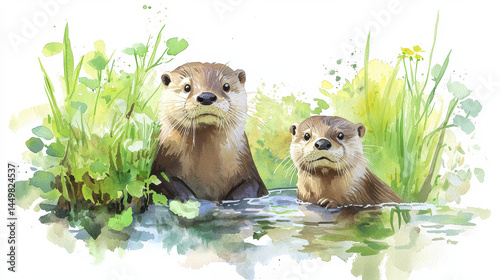 Charming otters in serene water setting, surrounded by lush greenery, evoke sense of tranquility and playfulness