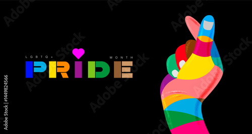 Pride Month , LGBTQ+ , banner Gay Pride Month, rainbow  color, Flat design ,hand, together, love sign, typography
