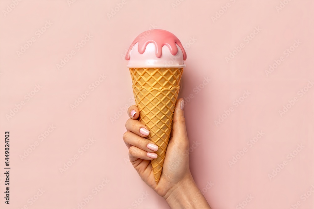 Strawberry ice cream in a waffle cone, held by a woman's hand, against a pink background. Strawberry ice cream in a waffle cone, held by a woman's hand, against a pink background.