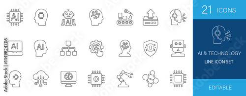 This editable AI and technology line icon set features 21 modern, minimal designs perfect for websites, apps, and tech branding. Fully customizable and ideal for digital innovation projects