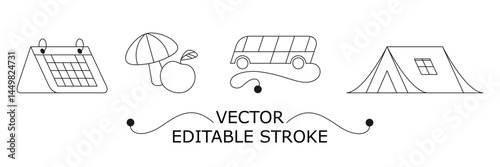 Set of four editable icons on the topic of tourism and recreation. Vector illustration for the website. Tent, arrival calendar, apple and mushroom, bus route. Symbols of summer holidays.