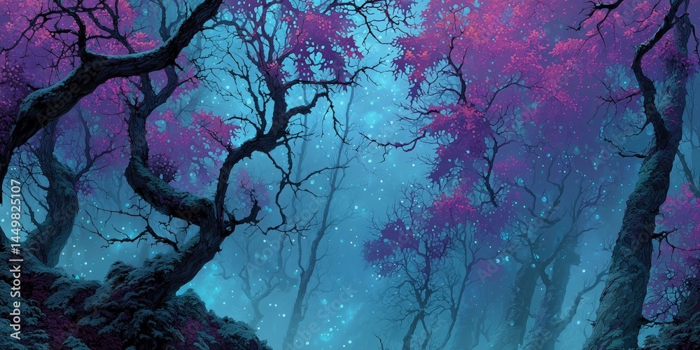 Fototapeta premium Dark twisting trees, purple leaves, glowing mist, ethereal forest, surreal landscape, vibrant foliage