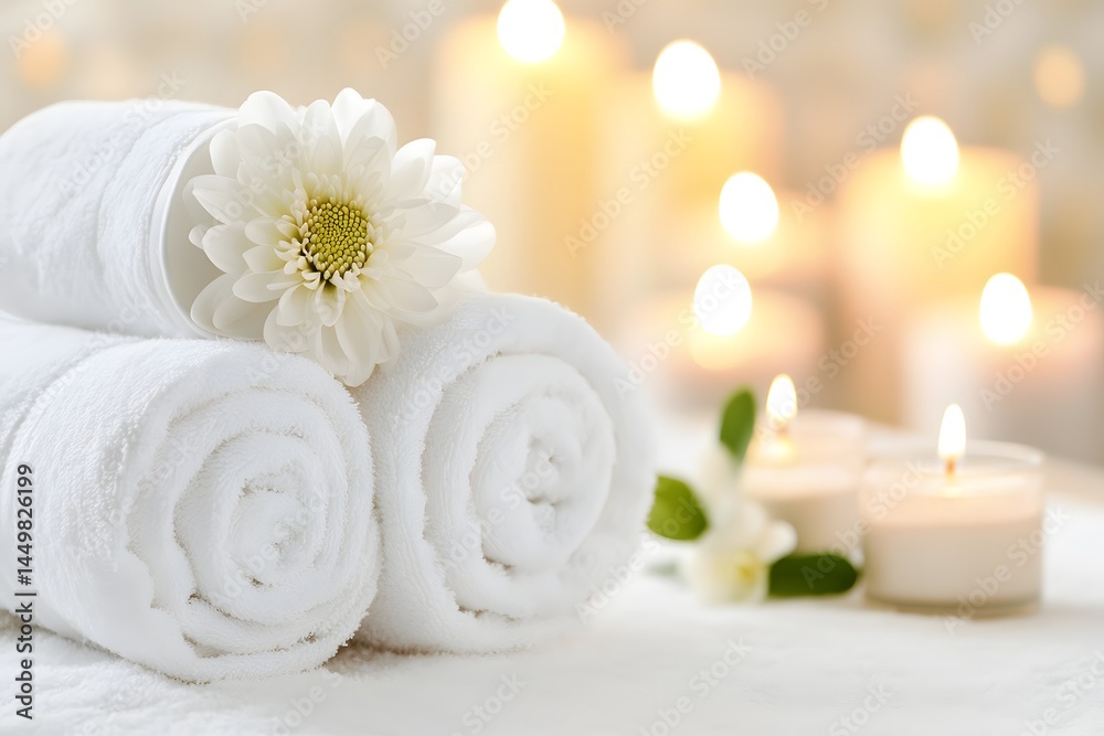Spa retreat decorated with candles and towels background
Spa retreat decorated with candles and towels background