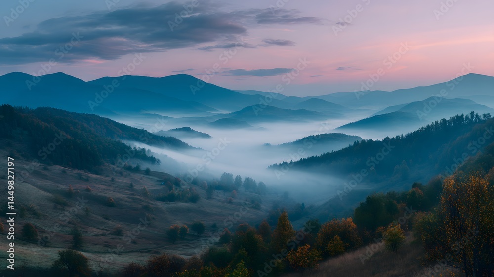 Fototapeta premium A serene mountain landscape with fog rolling through valleys at dusk with pastel sky above