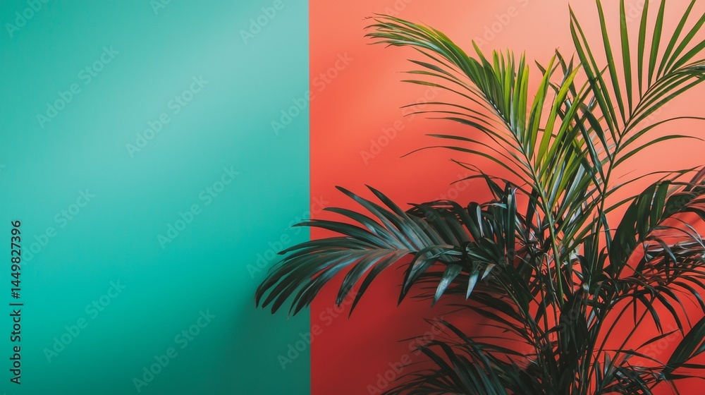 Fototapeta premium Interior with green palm plant against teal wall