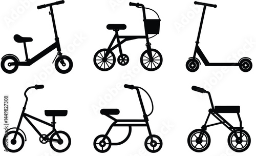 Knee Scooter Silhouette Vector Set – Mobility Aid, Medical Walker, Orthopedic Transport Device Icons