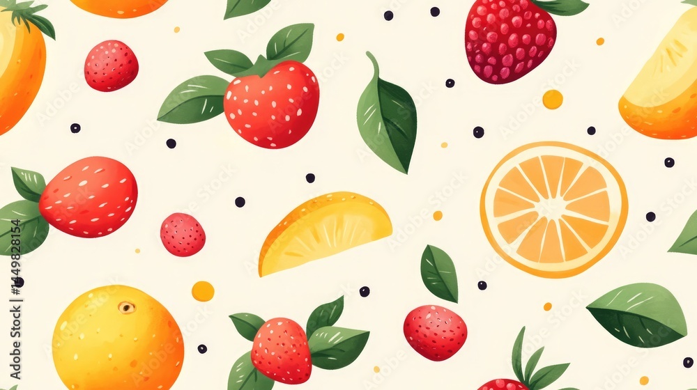 A repeating seamless pattern of strawberries, oranges, and leaves on a light background, ideal for food blogs, healthy lifestyle websites, or kitchenware designs. A repeating seamless pattern of strawberries, oranges, and leaves on a light background, ideal for food blogs, healthy lifestyle websites, or kitchenware designs.