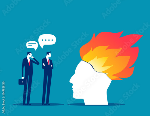 Business person with partner looking uneasily at a brain of fire, Anxiety and restlessness