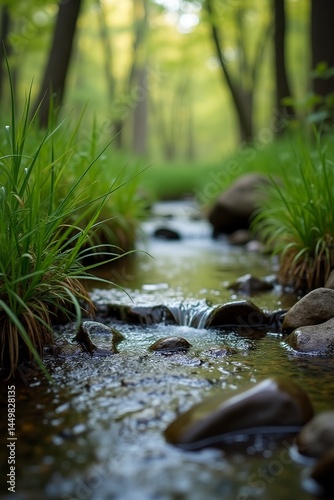 Running water. Forest Creek. Wet rocks 