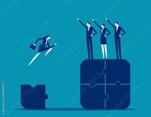 Business person jumping from one puzzle piece to a team puzzle piece, Onboarding a new team