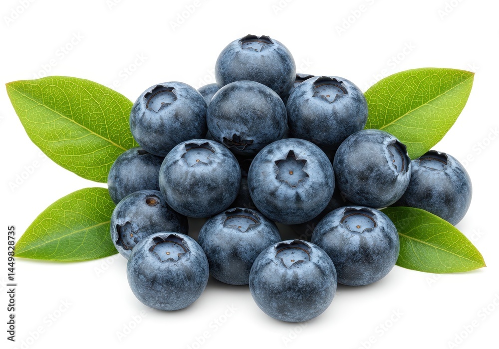 Heap of fresh blueberries with green leaves isolated on white background, a healthy berry fruit