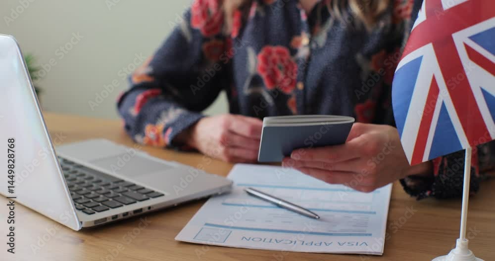British embassy woman officer giving passport to man immigrant, student visa approval, work visa, citizenship. Visa Application online form immigration concept. Visa approval.