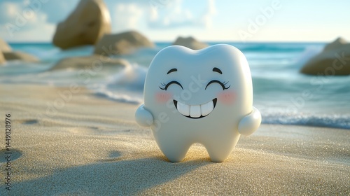 A cheerful cartoon tooth character on a sunny beach, ideal for dental clinics, oral hygiene blogs, or children's health websites.