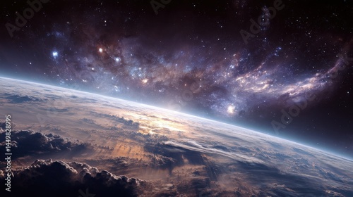 Breathtaking view of Earth from space, showcasing a vibrant sunrise and a stunning cosmic backdrop of stars and nebulae.
