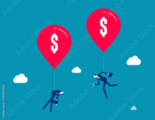 Business person pulled into the air by a balloon of bundled dollars, Hyperinflation
