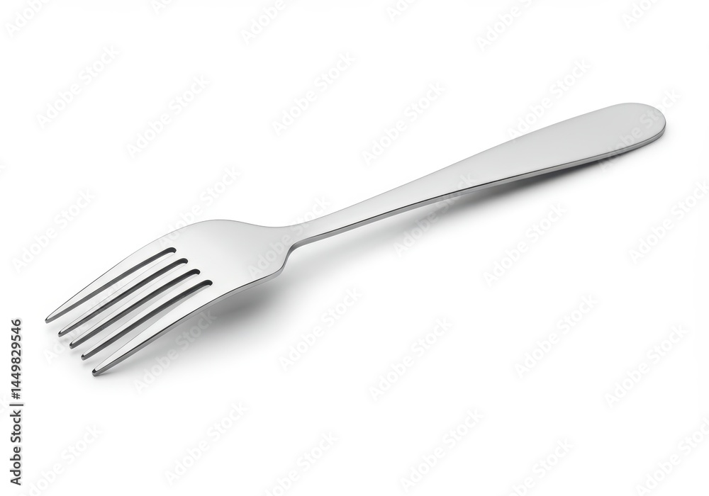 Close-up of a shiny silver fork with four tines lying on a white surface with soft shadows Close-up of a shiny silver fork with four tines lying on a white surface with soft shadows