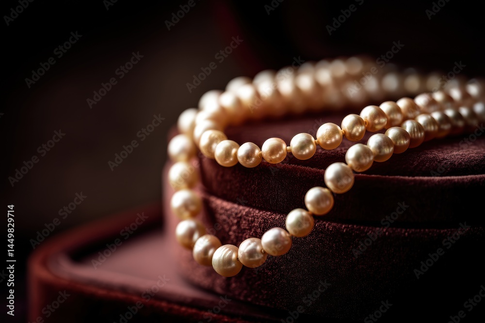 Elegant strands of luminous pearls displayed on a luxurious velvet jewelry box, exuding timeless sophistication and classic beauty with a warm, subtle glow. Elegant strands of luminous pearls displayed on a luxurious velvet jewelry box, exuding timeless sophistication and classic beauty with a warm, subtle glow.