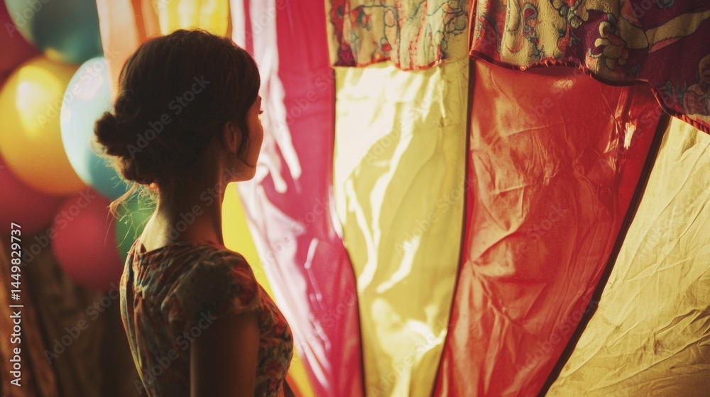 Fototapeta premium Woman in red dress near colorful curtains