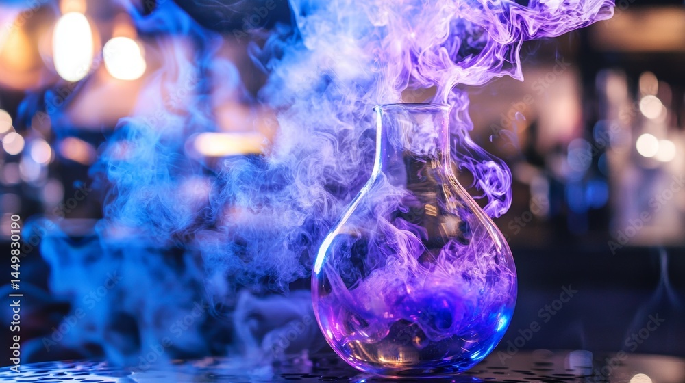 Fototapeta premium Magical purple potion bottle emitting smoke