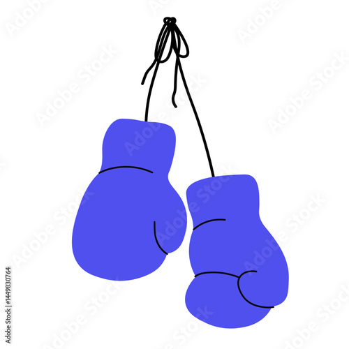 Boxing gloves hanging on cord. Sport, box, competition, wrestling, ring, game. Vector illustration in flat style on isolated background for sign, logo, label, print, paper, flyer