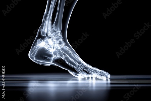 An X-ray image shows the foot bones and their structure, providing a detailed anatomical view for medical or educational purposes, set against a black background.