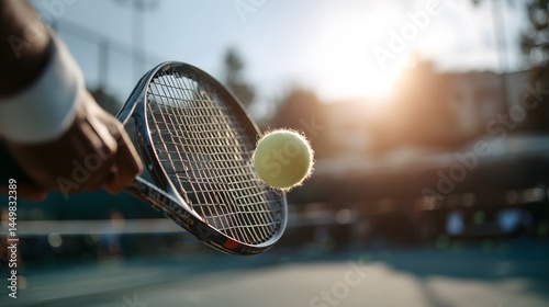 A tennis ball hitting a racket string with a wristband on a sunny day on a tennis court outdoors