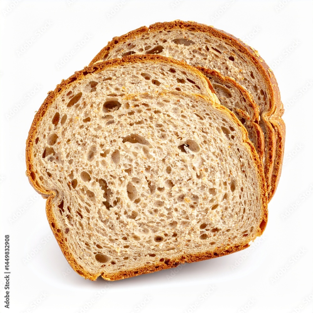Sliced Whole Wheat Bread Loaf with Crumbs and Shadow on Isolated White Background Sliced Whole Wheat Bread Loaf with Crumbs and Shadow on Isolated White Background