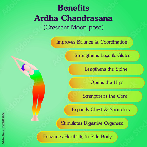 Benefits of practicing Ardha Chandrasana yoga pose. Crescent Moon yoga pose. Nitambasana. Intermediate Difficulty. Isolated vector illustration.