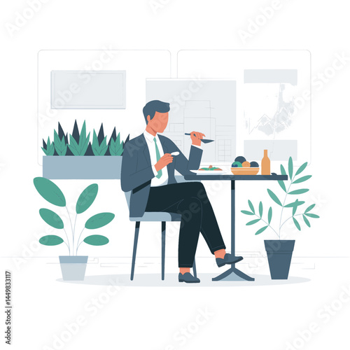businessman eating during break time flat illustration