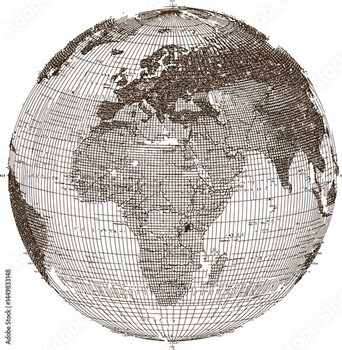 Vector Detailed World Globe, Monochrome Geographic Representation.