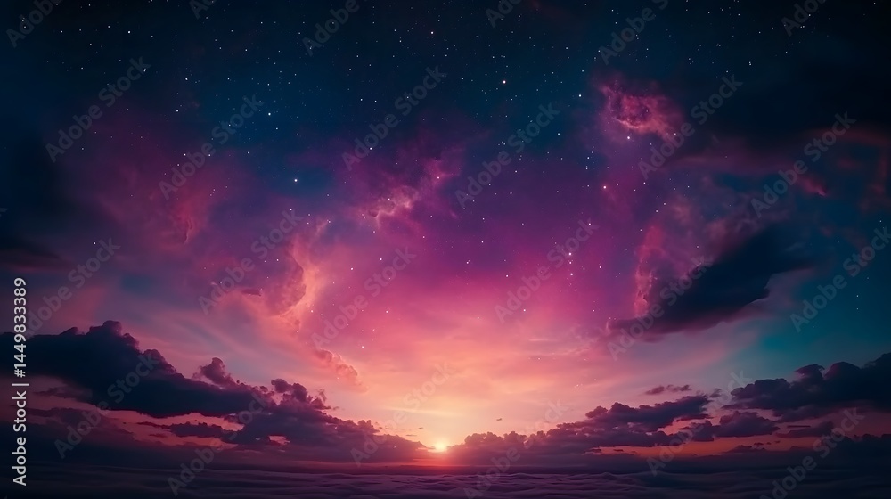 Fototapeta premium Magical Sunset Sky with Pink Purple Clouds and Stars A Stunning Night Sky Background Image