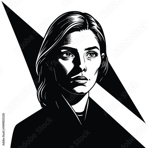 Portrait of a young woman, shot in shadows, with a vertical beam of light projected onto her eye
