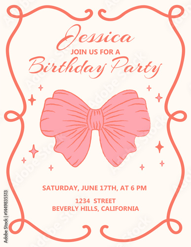 Birthday invitation card. Girls party invitation template with pink yoke bow and frame. Happy birthday greeting posters. Vector illustration. Perfect for wedding, hen parties, bachelorette party